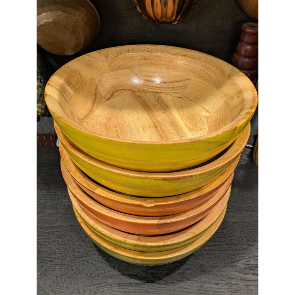 Tuttocasa Wooden Salad Bowls Colorful Vintage Hand-Painted 7 Inch Made In Taiwan